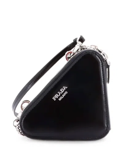 Pre-owned Prada Triangle Double Pouch Crystal Embellished Satin Mini Crossbody Bag In Black