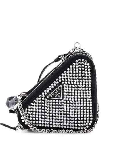 Pre-owned Prada Triangle Double Pouch Crystal Embellished Satin Mini Crossbody Bag In Black