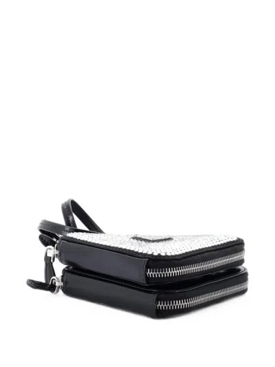 Pre-owned Prada Triangle Double Pouch Crystal Embellished Satin Mini Crossbody Bag In Black