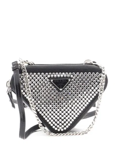 Pre-owned Prada Triangle Double Pouch Crystal Embellished Satin Mini Crossbody Bag In Black