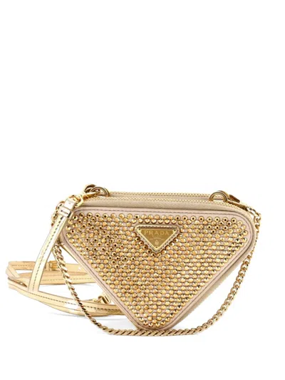 Pre-owned Prada Triangle Double Pouch Crystal Embellished Satin Mini Crossbody Bag In Gold