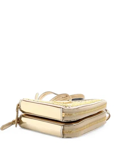 Pre-owned Prada Triangle Double Pouch Crystal Embellished Satin Mini Crossbody Bag In Gold
