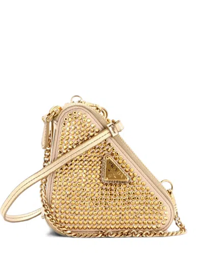 Pre-owned Prada Triangle Double Pouch Crystal Embellished Satin Mini Crossbody Bag In Gold