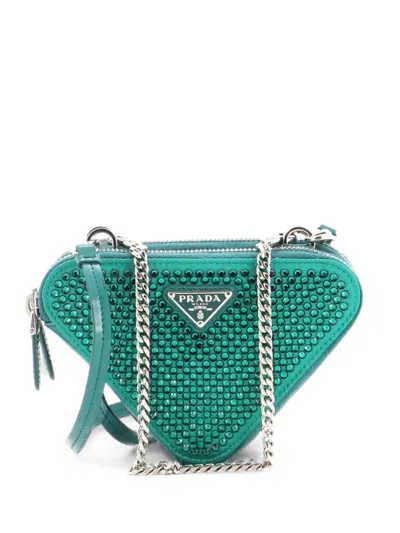 Pre-owned Prada Triangle Double Pouch Crystal Embellished Satin Mini Crossbody Bag In Green