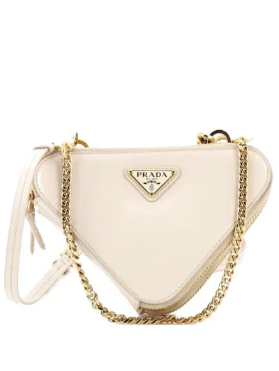 Pre-owned Prada Triangle Double Zip Pouch Bag With Chain Patent Mini Crossbody Bag In Neutral