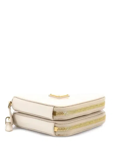 Pre-owned Prada Triangle Double Zip Pouch Bag With Chain Saffiano Leather Mini Crossbody Bag In Neutral