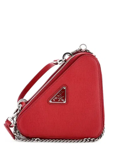 Pre-owned Prada Triangle Double Zip Pouch Bag With Chain Saffiano Leather Mini Crossbody Bag In Red