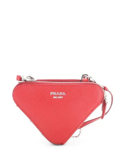 Pre-owned Prada Triangle Double Zip Pouch Bag With Chain Saffiano Leather Mini Crossbody Bag In Red