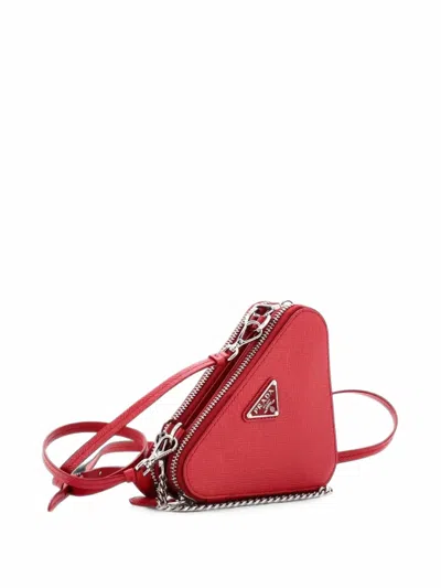 Pre-owned Prada Triangle Double Zip Pouch Bag With Chain Saffiano Leather Mini Crossbody Bag In Red
