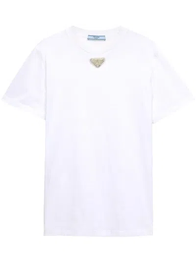 Prada White T-shirt In Jersey With Embroidered Triangle Logo Women