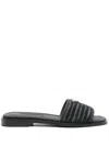 Prada Black Sandals With Woven Strap And Logo Accents In Black