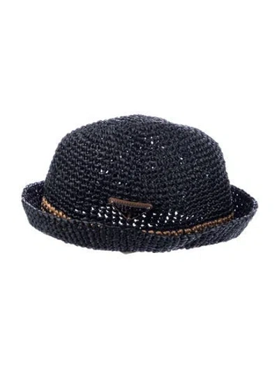 Pre-owned Prada Triangle Enamel Straw Bucket Hat In Black
