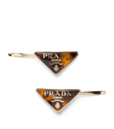 Prada Womens Neutral Logo-plaque Gold-toned Metal Hair Clips Set Of Two