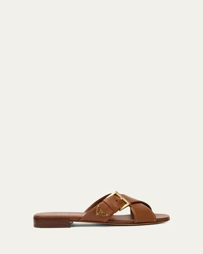 Prada Triangle Leather Slide Sandals In Brown