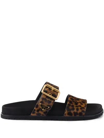 Prada Triangle Logo Velvet Flat Sandals In Black