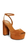 Prada Triangle Logo Ankle Strap Plaform Sandal In Cognac