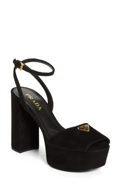 Prada Triangle Logo Ankle Strap Plaform Sandal In Nero
