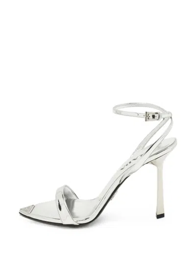 Pre-owned Prada Triangle Logo Ankle-strap Sandals In Silver