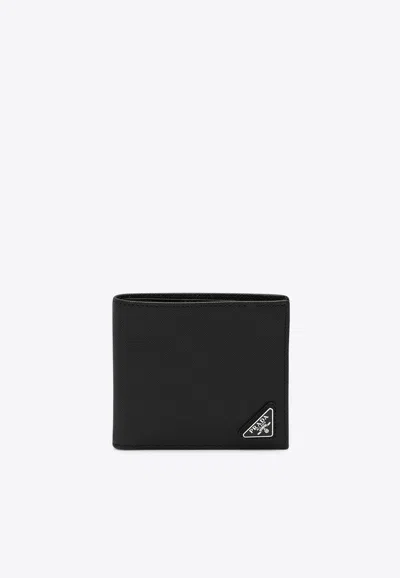 Prada Triangle Logo Saffiano Leather Bi-fold Wallet In Black