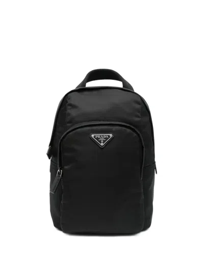 Prada Mens Black Logo-plaque Re-nylon And Saffiano-leather Backpack In Blue