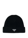 Prada Mens Blue Brand-plaque Cashmere And Wool-blend Beanie Hat In Black