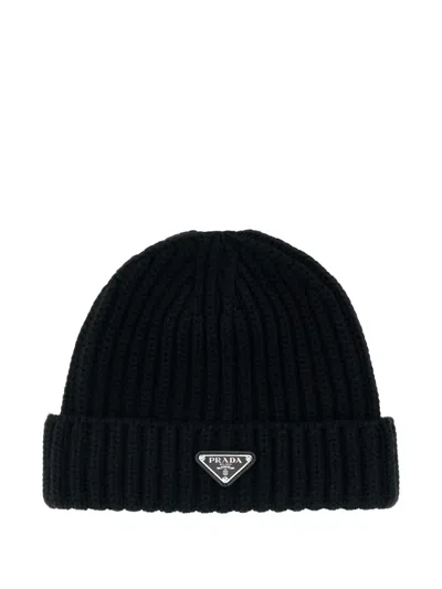 Prada Triangle-logo Beanie Hat In Black