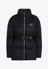 Prada Blue Down Jacket With Blue Flannel Belt In Black