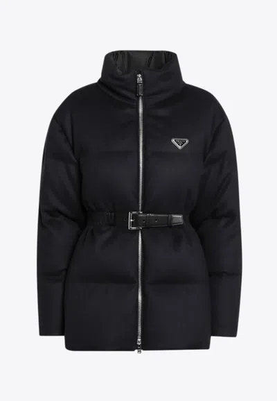 Prada Triangle Logo Belted Down Jacket In Black