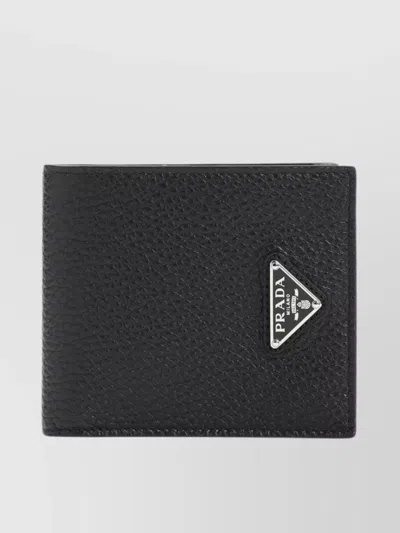 Prada Triangle Logo Bi-fold Grained Wallet In Black
