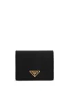 Prada Triangle Logo Saffiano Leather Zip Cardholder In Black