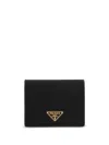 Prada Triangle Logo Saffiano Leather Zip Cardholder In Black