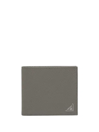 Prada Enamel-logo Saffiano Leather Cardholder In Gray