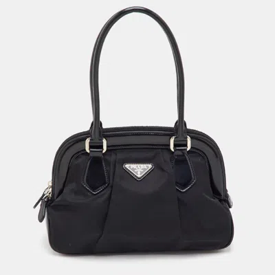 Pre-owned Prada Triangle Logo Black Nylon And Patent Leather Zip Dome Satchel