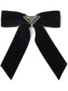 Prada Triangle-logo Bow Velvet Hair Clip In Black