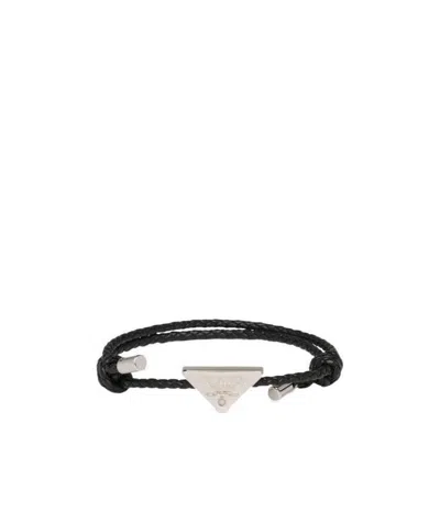 Prada Triangle Logo Braided Bracelet In Black