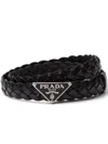 Prada Triangle Logo Braided Leather Belt In Black