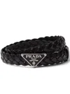 Prada Triangle Logo Braided Leather Belt In Black