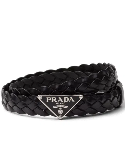 Prada Triangle Logo Braided Leather Belt In Black