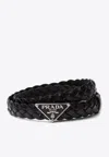 Prada Triangle Logo Braided Leather Belt In Black