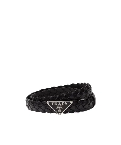 PRADA PRADA TRIANGLE LOGO PLAQUE FRINGED BELT
