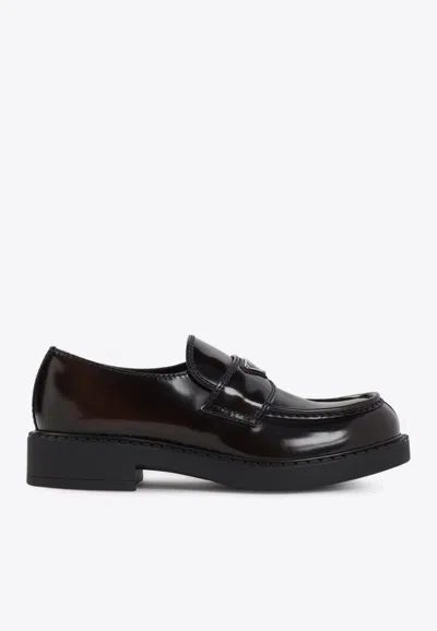 PRADA TRIANGLE LOGO BRUSHED LEATHER LOAFERS