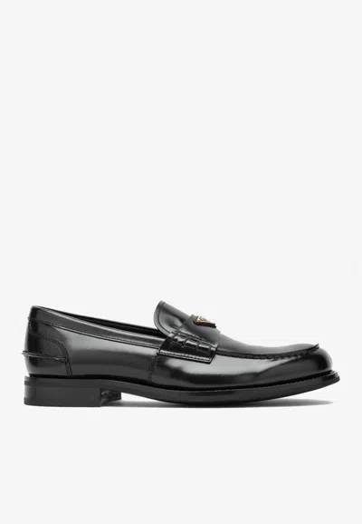 Prada Triangle Logo Brushed Leather Loafers In Black