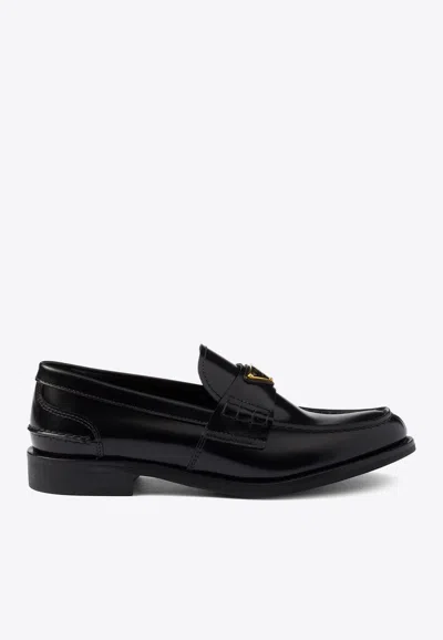 PRADA TRIANGLE LOGO BRUSHED LEATHER LOAFERS