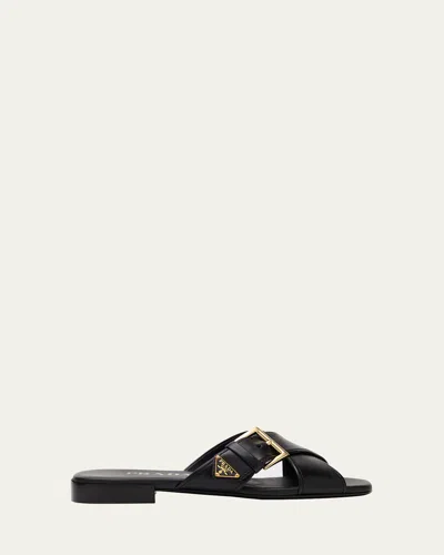 Prada Leather Crisscross Slides With Buckle In Multi
