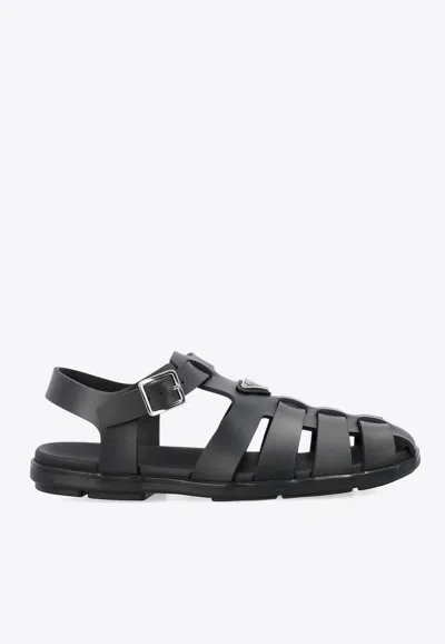 PRADA TRIANGLE LOGO CAGE FISHERMAN SANDALS