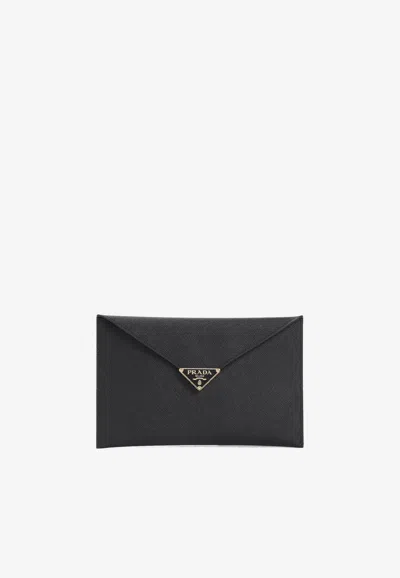 Prada Triangle Logo Calf Leather Envelope Pouch In Black