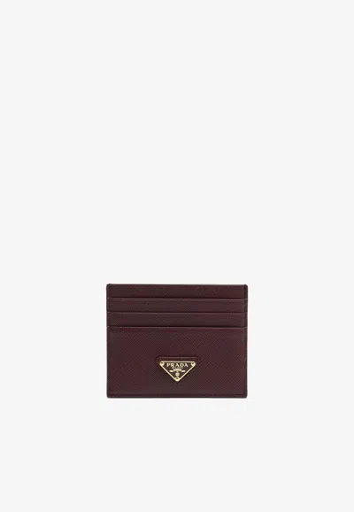 Prada Triangle Logo Cardholder In Saffiano Leather In Brown