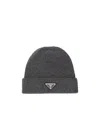 Prada Mens Grey Brand-plaque Cashmere And Wool-blend Beanie Hat In Black