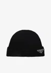 Prada Triangle Logo Cashmere Beanie In Black