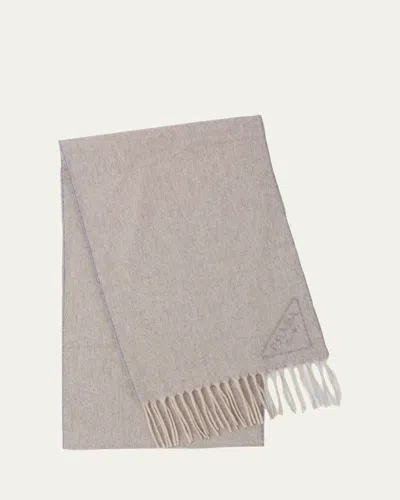 Prada Triangle Logo Cashmere Fringe Scarf In Gray